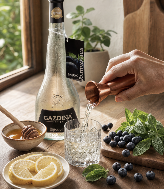 Ruka sipa tečnost iz bakarnog džigera u čašu punu leda, spremajući osvežavajući koktel. Na stolu se nalazi flaša "Gazdina rakija - Šljivovica", činija meda sa kašikom, kriške limuna, sveže borovnice i nana. Sve je postavljeno pored prozora.